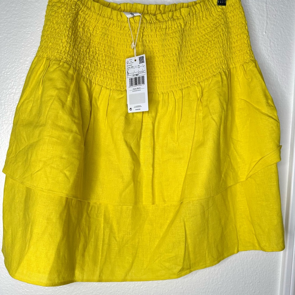 Mango Women’s Ruffled Linen blend Yellow Tiered Skirt, NWT women’s elastic waist - Picture 2 of 8
